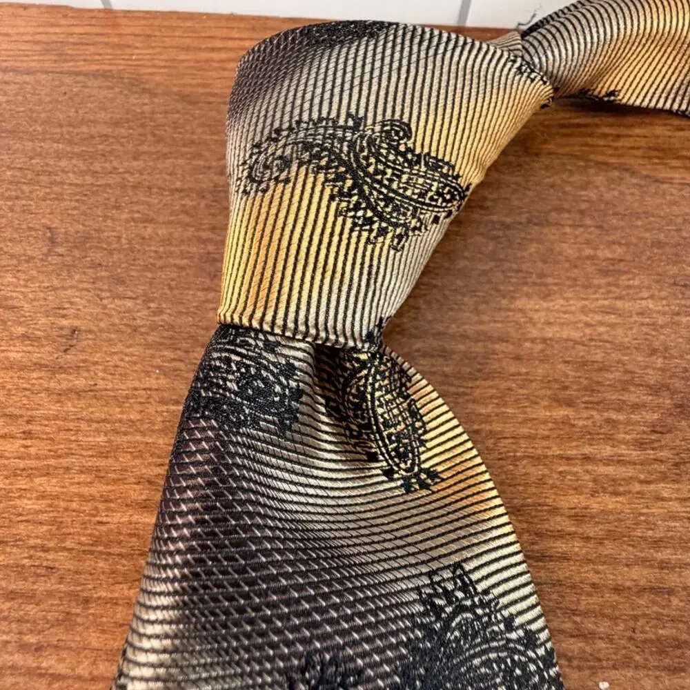 Vintage Studio Milano Handmade Gold Striped Paisley Silk Blend Necktie
